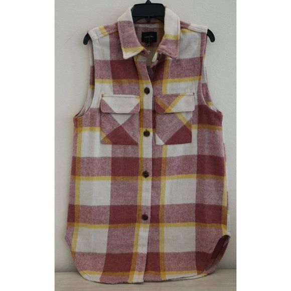 Love Tree Women's Sz L Pink/White Plaid Long Button Down Vest - Picture 1 of 7